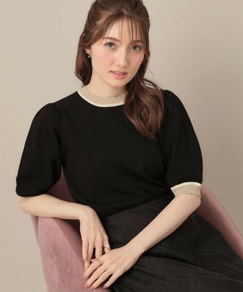 Couture Brooch / クチュールブローチ ニット・セーター | 【5分袖・華奢見え・通勤】配色スカラ5分袖ニット(ブラック(019))