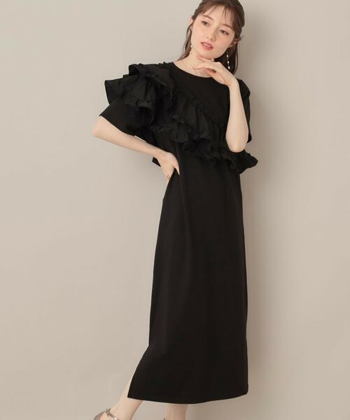 Couture Brooch / クチュールブローチ ロング・マキシ丈ワンピース | アシメフリルTシャツワンピース(ブラック(019))