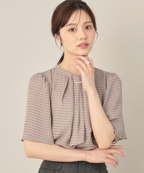 Couture Brooch / クチュールブローチ シャツ・ブラウス | 【着映え・5分袖・通勤】パール調タイチェックプリントブラウス | 詳細12
