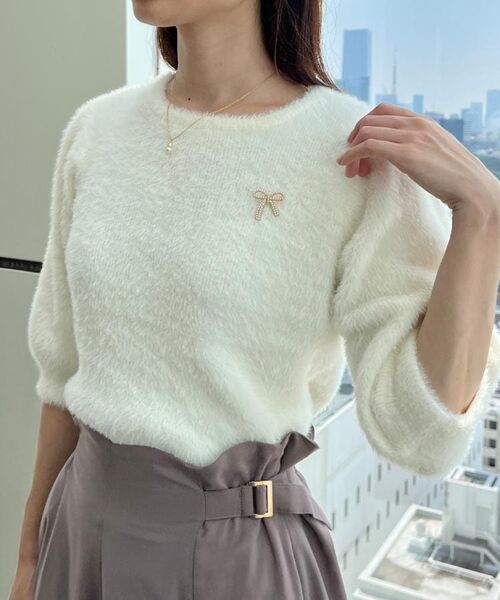 Couture Brooch / クチュールブローチ ニット・セーター | 【着映え・5分袖・フェミニン】ラメフェザー半袖ニット | 詳細10