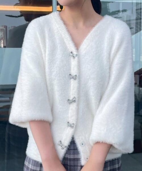 Couture Brooch / クチュールブローチ ニット・セーター | 【高見え・大人可愛い】ビジューリボン釦 前後2WAYフェザーカーディガントップス | 詳細10