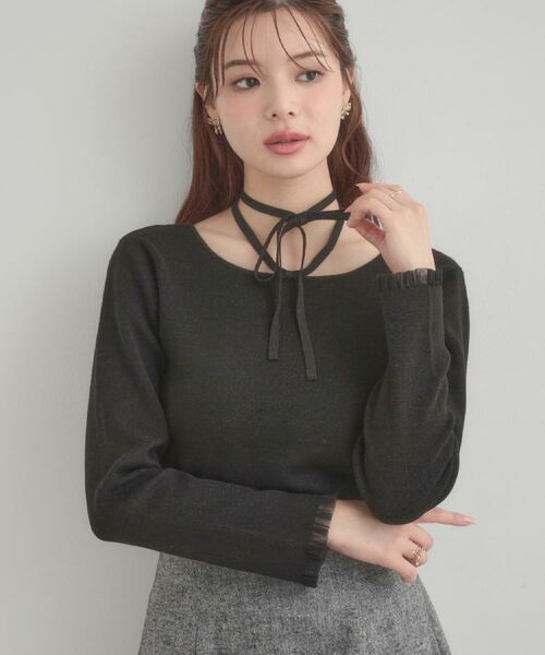 Couture Brooch / クチュールブローチ ニット・セーター | 【大人可愛い・リボン取り外し可】前後2WAYラメリブ シアープチフリルニット | 詳細26