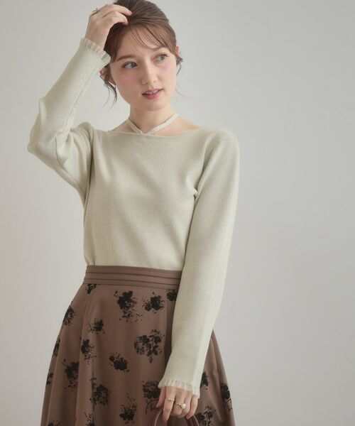 Couture Brooch / クチュールブローチ ニット・セーター | 【大人可愛い・リボン取り外し可】前後2WAYラメリブ シアープチフリルニット(アイボリー(004))