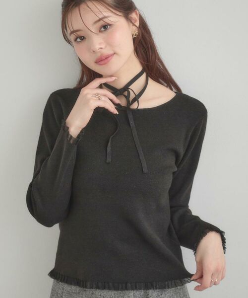 Couture Brooch / クチュールブローチ ニット・セーター | 【大人可愛い・リボン取り外し可】前後2WAYラメリブ シアープチフリルニット(ブラック(019))