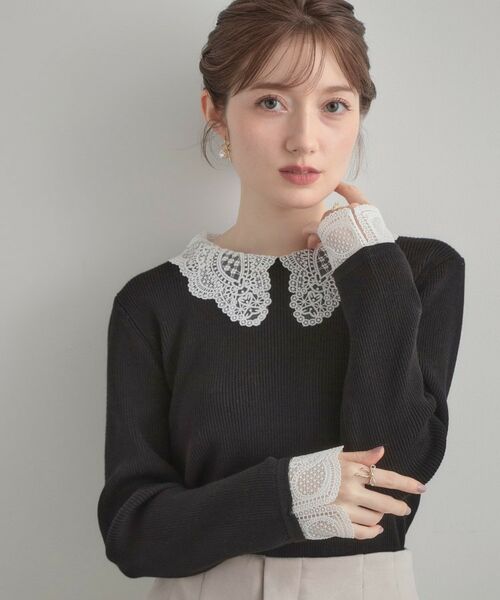 Couture Brooch / クチュールブローチ ニット・セーター | 【着映え・フェミニン・通勤】レース衿カフス付きリブニット | 詳細14