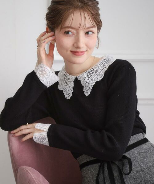 Couture Brooch / クチュールブローチ ニット・セーター | 【着映え・フェミニン・通勤】レース衿カフス付きリブニット(ブラック(019))