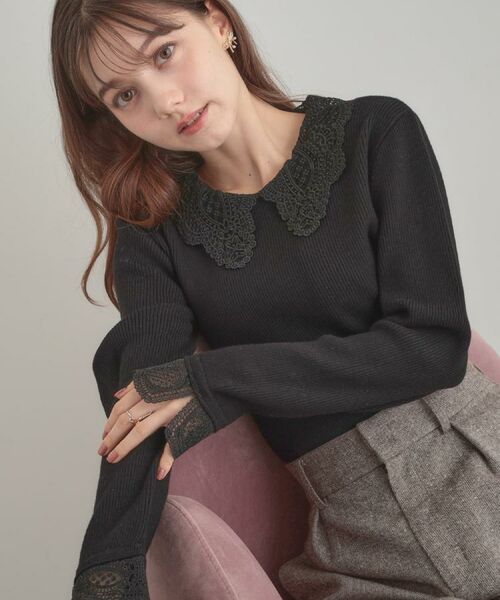 Couture Brooch / クチュールブローチ ニット・セーター | 【着映え・フェミニン・通勤】レース衿カフス付きリブニット(ブラック(719))