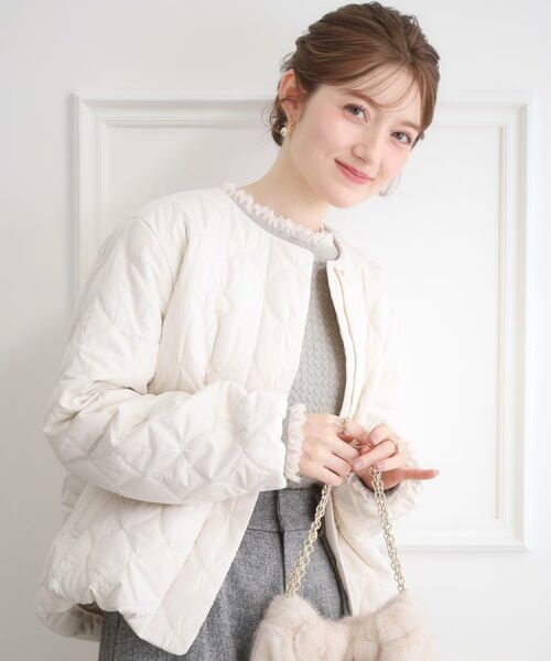 Couture Brooch / クチュールブローチ レザーブルゾン・ジャケット | 【撥水・大人可愛い】リボンキルティングジャケット(アイボリー(004))