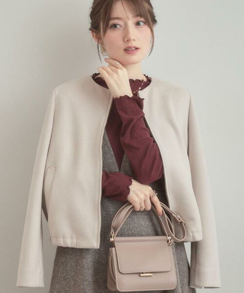 Couture Brooch / クチュールブローチ レザーブルゾン・ジャケット | 【通勤・大人上品】スエード調ダンボール ノーカラージャケット(ライトグレー(011))
