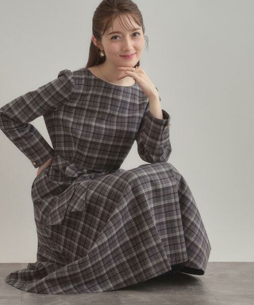 Couture Brooch / クチュールブローチ ロング・マキシ丈ワンピース | 【大人可愛い・微起毛】先染めチェック柄フィット&フレアワンピース(グレー(212))