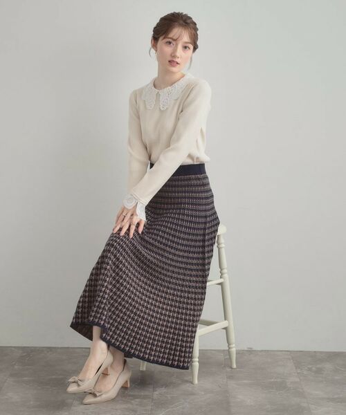 Couture Brooch / クチュールブローチ ロング・マキシ丈スカート | 【クラシカル・大人上品】千鳥ジャカードニットプリーツスカート(ネイビー(294))