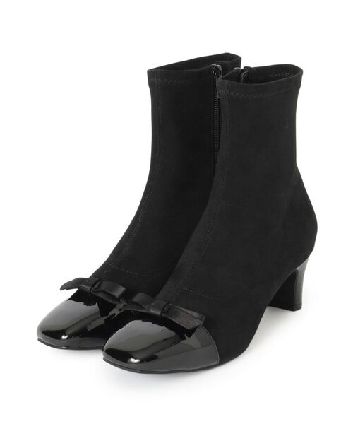 Couture Brooch / クチュールブローチ ブーツ(ショート丈) | ドッキングデザインリボンストレッチブーツ(ブラック(019))