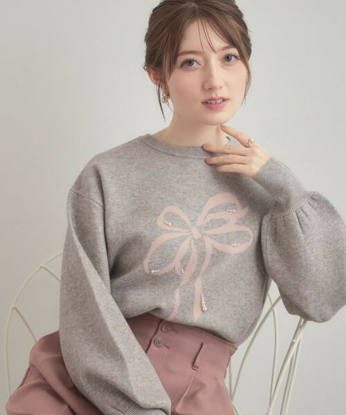 Couture Brooch/クチュールブローチ 【可愛く着映える・華やか】リボンジャカード ニットトップス グレー(101) 38(M) Couture Brooch/クチュールブローチ 【可愛く着映える・華やか】リボンジャカード ニットトップス グレー(101) 38(M)