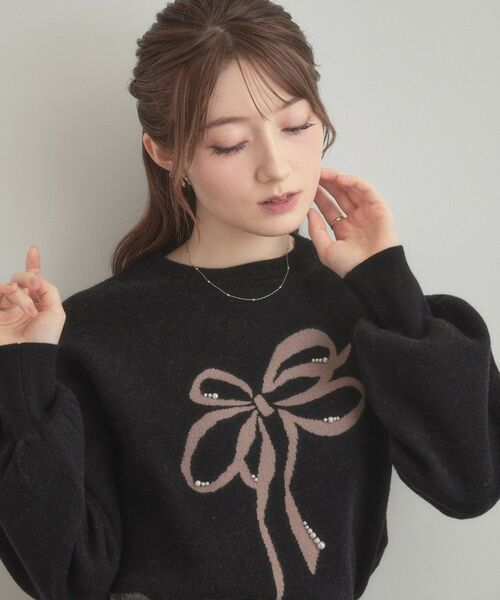 Couture Brooch/クチュールブローチ 【可愛く着映える・華やか】リボンジャカード ニットトップス ブラック(119) 42(LL) Couture Brooch/クチュールブローチ 【可愛く着映える・華やか】リボンジャカード ニットトップス ブラック(119) 42(LL)