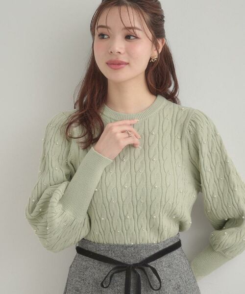 Couture Brooch / クチュールブローチ ニット・セーター | 【華やぎ・一枚で着映え】ケーブルパール調ニット(ライトグリーン(020))