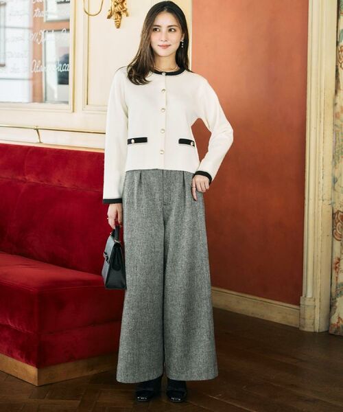 Couture Brooch / クチュールブローチ カーディガン・ボレロ | 【通勤・大人上品】ムースタッチジャカード 配色スカラカーディ | 詳細1