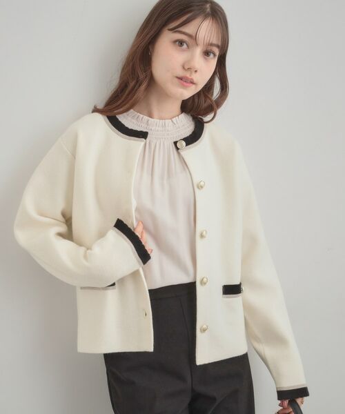 Couture Brooch / クチュールブローチ カーディガン・ボレロ | 【通勤・大人上品】ムースタッチジャカード 配色スカラカーディ | 詳細10