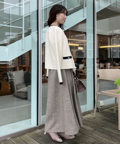 Couture Brooch / クチュールブローチ カーディガン・ボレロ | 【通勤・大人上品】ムースタッチジャカード 配色スカラカーディ | 詳細12