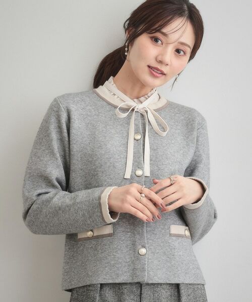 Couture Brooch / クチュールブローチ カーディガン・ボレロ | 【通勤・大人上品】ムースタッチジャカード 配色スカラカーディ | 詳細18