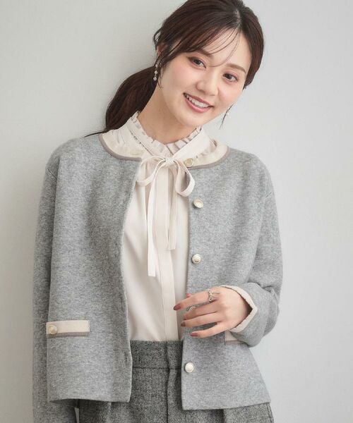 Couture Brooch / クチュールブローチ カーディガン・ボレロ | 【通勤・大人上品】ムースタッチジャカード 配色スカラカーディ | 詳細19