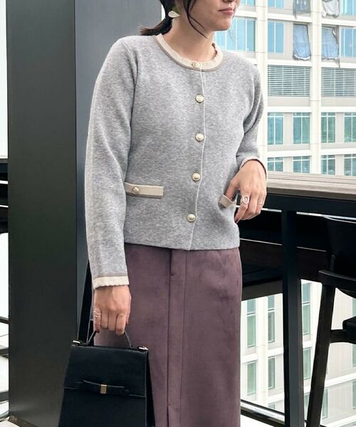 Couture Brooch / クチュールブローチ カーディガン・ボレロ | 【通勤・大人上品】ムースタッチジャカード 配色スカラカーディ | 詳細27