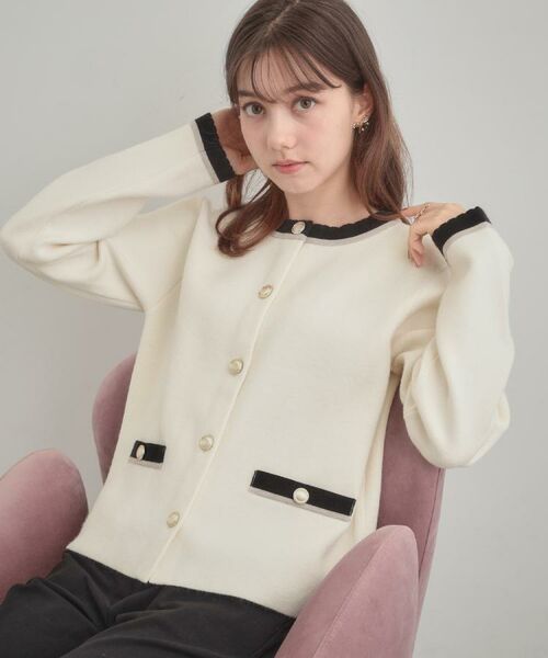 Couture Brooch / クチュールブローチ カーディガン・ボレロ | 【通勤・大人上品】ムースタッチジャカード 配色スカラカーディ | 詳細7
