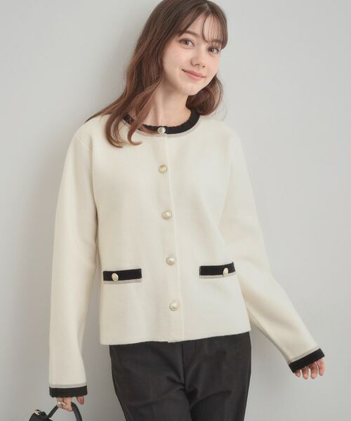 Couture Brooch / クチュールブローチ カーディガン・ボレロ | 【通勤・大人上品】ムースタッチジャカード 配色スカラカーディ | 詳細8