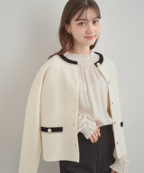 Couture Brooch / クチュールブローチ カーディガン・ボレロ | 【通勤・大人上品】ムースタッチジャカード 配色スカラカーディ | 詳細9