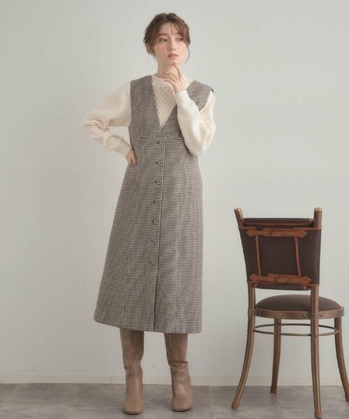 Couture Brooch / クチュールブローチ ミニ丈・ひざ丈ワンピース | 【クラシカル・通勤】ラメ千鳥釦デザインジャンスカ | 詳細21