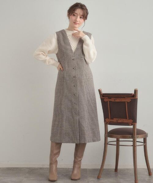 Couture Brooch / クチュールブローチ ミニ丈・ひざ丈ワンピース | 【クラシカル・通勤】ラメ千鳥釦デザインジャンスカ | 詳細22