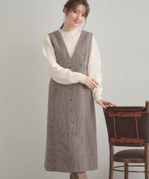 Couture Brooch / クチュールブローチ ミニ丈・ひざ丈ワンピース | 【クラシカル・通勤】ラメ千鳥釦デザインジャンスカ(モカブラウン(242))