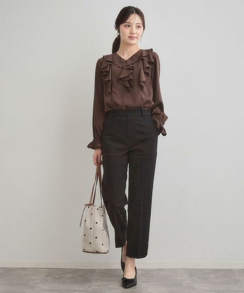 Couture Brooch / クチュールブローチ ショート・ハーフ・半端丈パンツ | 【通勤・美脚見え・あったか】裏起毛パール調スカラ裾デザインパンツ | 詳細1