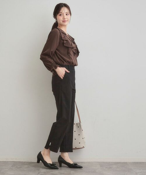 Couture Brooch / クチュールブローチ ショート・ハーフ・半端丈パンツ | 【通勤・美脚見え・あったか】裏起毛パール調スカラ裾デザインパンツ | 詳細2