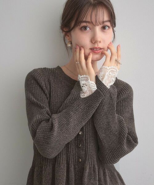 Couture Brooch/クチュールブローチ 【袖口レース・着映え】短毛モールペプラム カーデ ブラウン(044) 36(S)