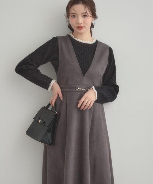 Couture Brooch / クチュールブローチ ロング・マキシ丈ワンピース | 【S-LL/通勤】ビット付き スエード調ダンボールジャンスカ(チャコールグレー(014))