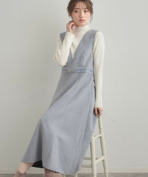 Couture Brooch / クチュールブローチ ロング・マキシ丈ワンピース | 【S-LL/通勤】ビット付き スエード調ダンボールジャンスカ(サックスブルー(090))