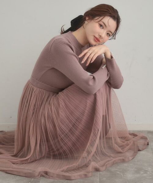 Couture Brooch / クチュールブローチ ロング・マキシ丈ワンピース | 【S-LL/キラキラリブニット】チュールドッキング ワンピース(ピンクベージュ(053))
