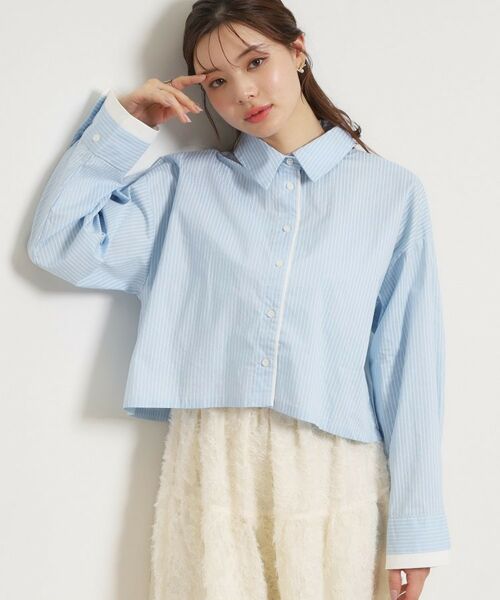 Couture Brooch / クチュールブローチ シャツ・ブラウス | 配色ストライプショートシャツ（ブルー(091)）