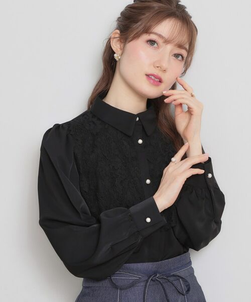Couture Brooch / クチュールブローチ シャツ・ブラウス | 総レース切り替えパール調ボタンブラウス（ブラック(019)）