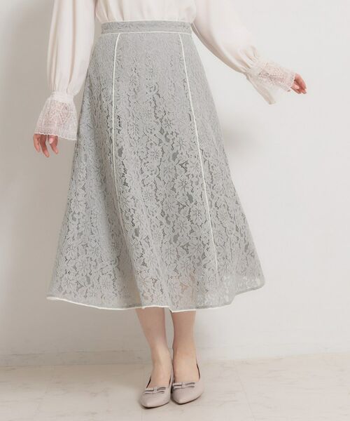 Couture Brooch / クチュールブローチ ロング・マキシ丈スカート | 【洗える】コードフラワーレース スカート（ライトグレー(011)）
