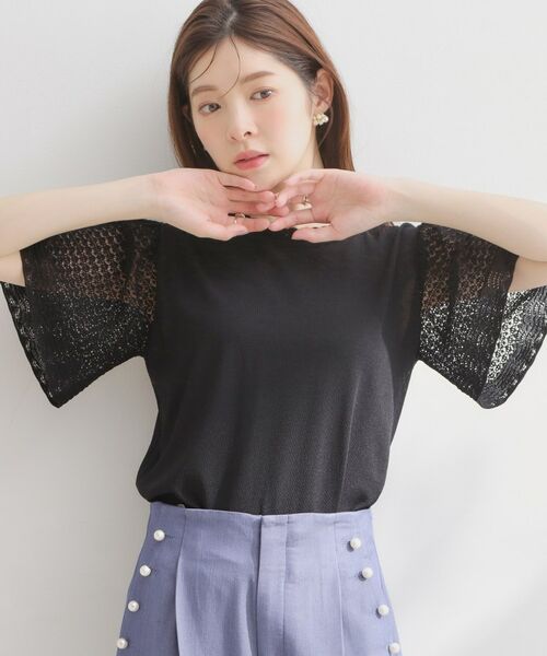 Couture Brooch / クチュールブローチ ニット・セーター | 透かしフレアー袖ニットトップス（ブラック(019)）