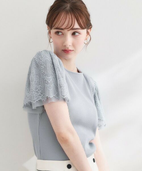 Couture Brooch / クチュールブローチ カットソー | 【洗える】袖レース テレコトップス（サックスブルー(090)）