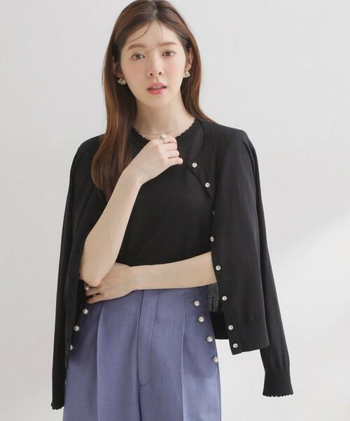 Couture Brooch / クチュールブローチ カーディガン・ボレロ | ポイント透かしビジュー釦カーディ（ブラック(019)）