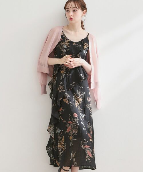 Couture Brooch / クチュールブローチ ロング・マキシ丈ワンピース | フラワープリントフリルワンピース（ブラック(119)）