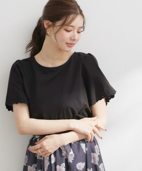 Couture Brooch / クチュールブローチ カットソー | 袖スカラップ リボン&フラワー柄カットソー | 詳細1