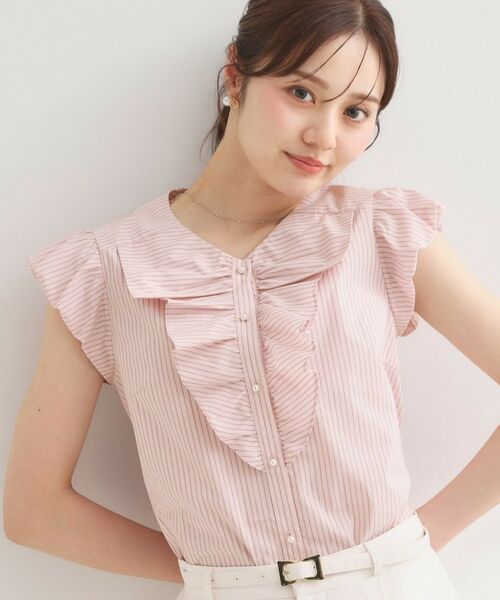 Couture Brooch / クチュールブローチ シャツ・ブラウス | リボンフリルストライプシャツ（ピンク(372)）