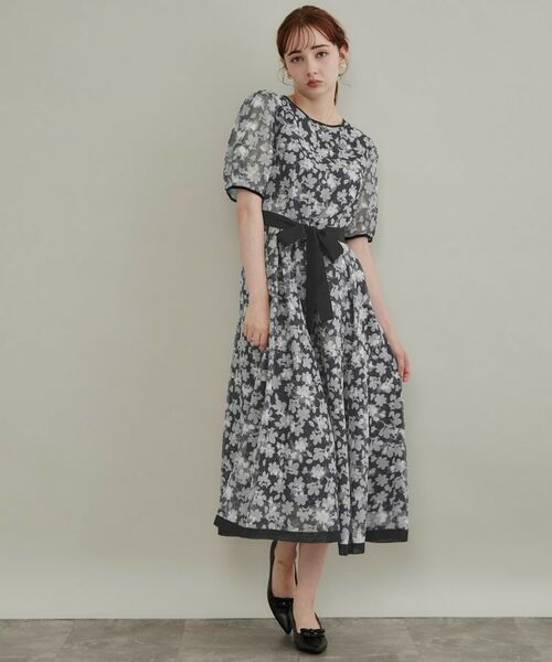 Couture Brooch / クチュールブローチ ロング・マキシ丈ワンピース | オパールチェックフラワープリントワンピース(ブラック(119))