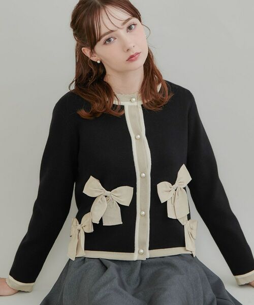 Couture Brooch / クチュールブローチ カーディガン・ボレロ | 【リボンが主役】配色 総針スカラカーディガン(ブラック(719))