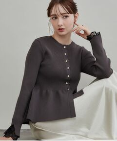 Couture Brooch / クチュールブローチ カーディガン・ボレロ | 【上品見えの袖レース】ペプラム カーディガン