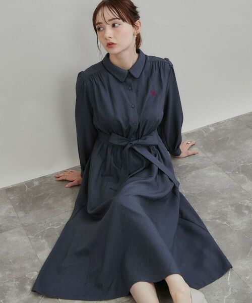 Couture Brooch / クチュールブローチ ミニ丈・ひざ丈ワンピース | ピコレーストリミングシャツワンピース(ネイビー(094))